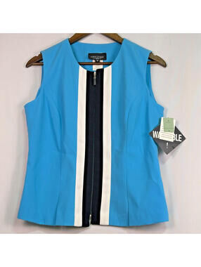 Miss Dorby Women’s Top Size 10 Blue Sleeveless Zip Front Colorblock Blouse